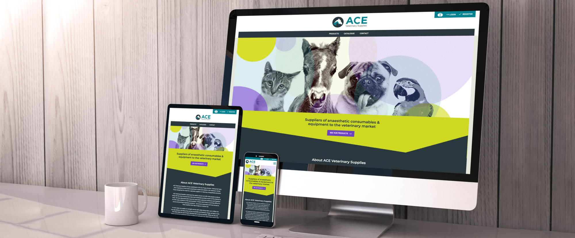 ace veterinary website home page on computer, ipad and iphone on a desk